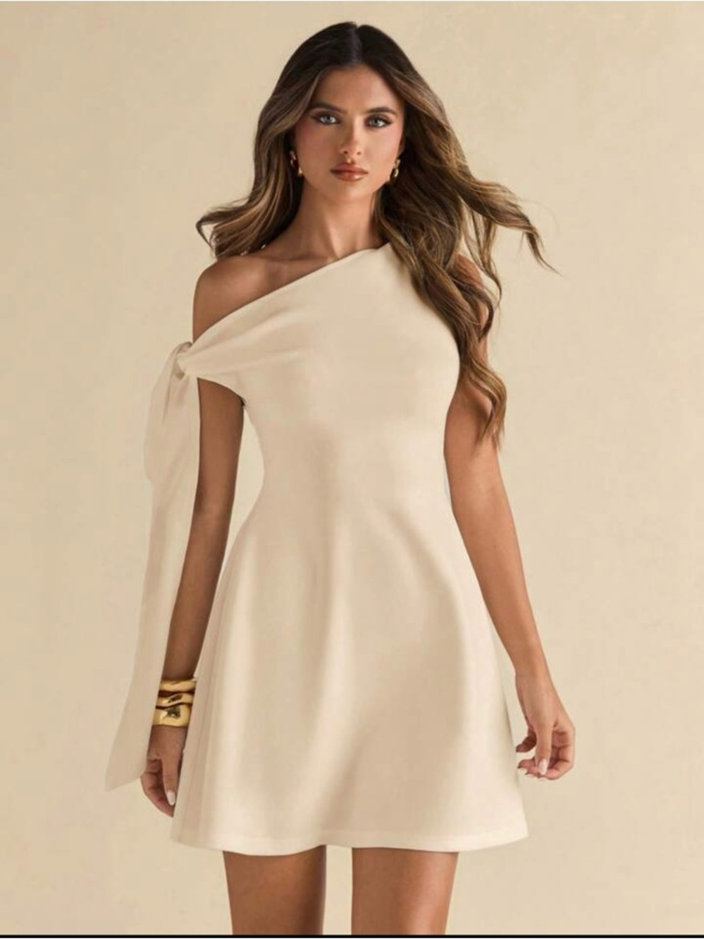 SHEIN One-Shoulder Cream Mini Dress with Draped Tie Sleeve NWOT - Picture 4 of 9